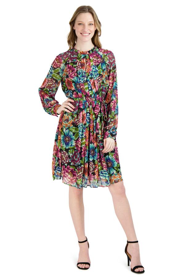 julia jordan DONNA RICCO - LONG SLEEVE PLEATED FRONT DRESS MULTI