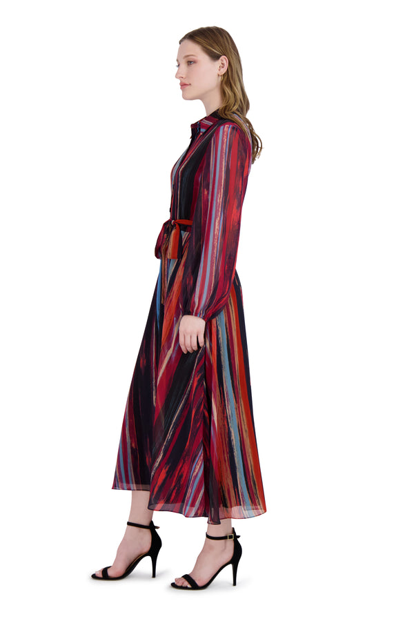 Julia Jordan DONNA RICCO - LONG SLEEVE SHIRT COLLAR LONG DRESS NAVY/MULTI