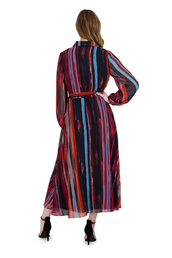 Julia Jordan DONNA RICCO - LONG SLEEVE SHIRT COLLAR LONG DRESS NAVY/MULTI