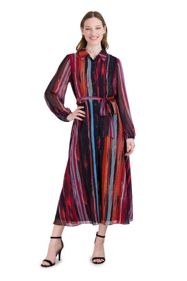 Julia Jordan DONNA RICCO - LONG SLEEVE SHIRT COLLAR LONG DRESS NAVY/MULTI