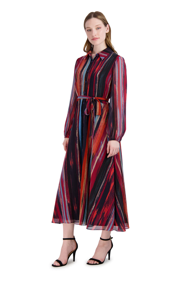 julia jordan DONNA RICCO - LONG SLEEVE SHIRT COLLAR LONG DRESS NAVY/MULTI