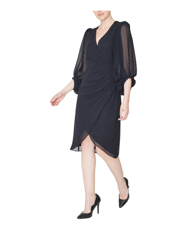 julia jordan DONNA RICCO - LONG SLEEVE V-NECK SHORT DRESS BLACK