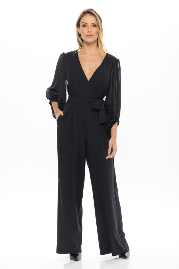Julia Jordan DONNA RICCO - LONG SLEEVE WRAP JUMPSUIT BLACK