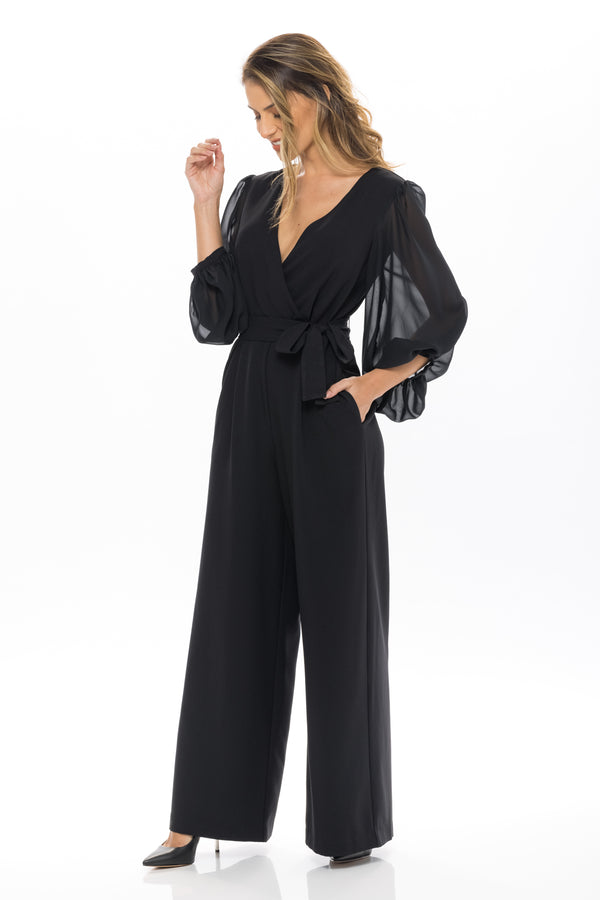 julia jordan DONNA RICCO - LONG SLEEVE WRAP JUMPSUIT BLACK