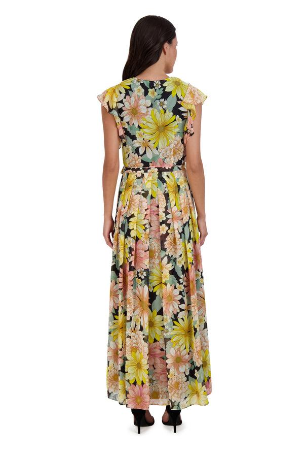 Julia Jordan DONNA RICCO - MAXI FLUTTER SLEEVE DRESS BLACK MULTI