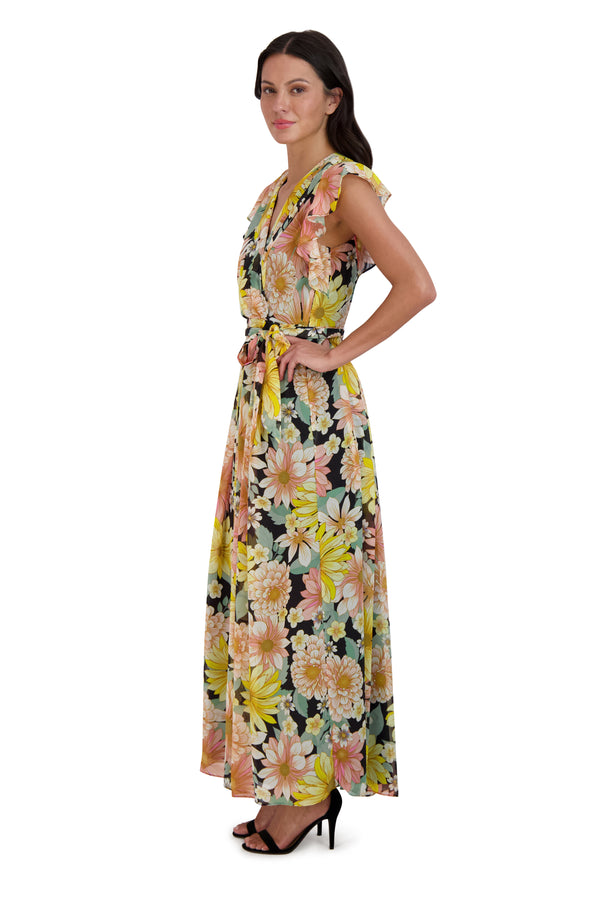 Julia Jordan DONNA RICCO - MAXI FLUTTER SLEEVE DRESS BLACK MULTI