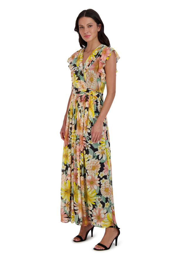 Julia Jordan DONNA RICCO - MAXI FLUTTER SLEEVE DRESS BLACK MULTI