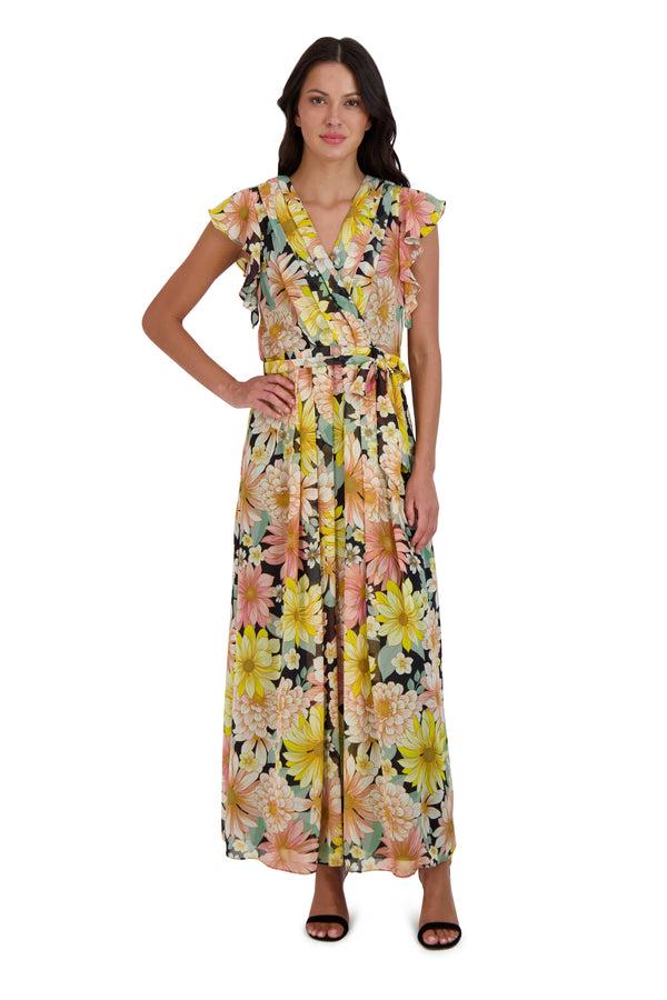 julia jordan DONNA RICCO - MAXI FLUTTER SLEEVE DRESS BLACK MULTI