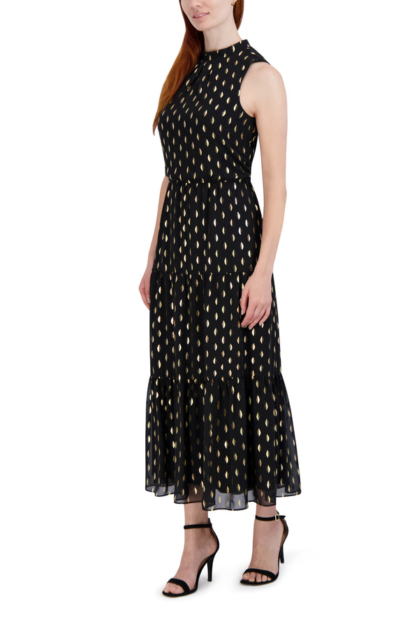 julia jordan DONNA RICCO - MOCK NECK 3 TIER MAXI DRESS BLUE SILVER