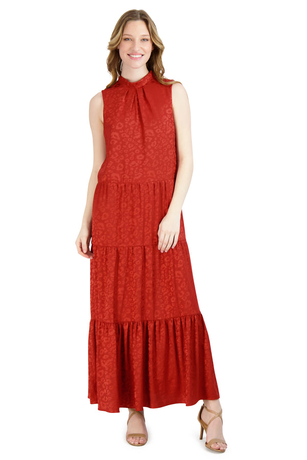 julia jordan DONNA RICCO - MOCK NECK 3 TIER MAXI DRESS RUST