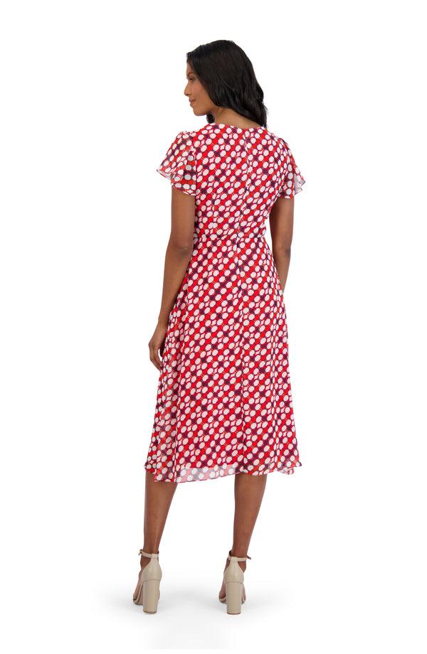 Julia Jordan DONNA RICCO - OVERLAY FRONT TIE MIDI DRESS RED MULTI