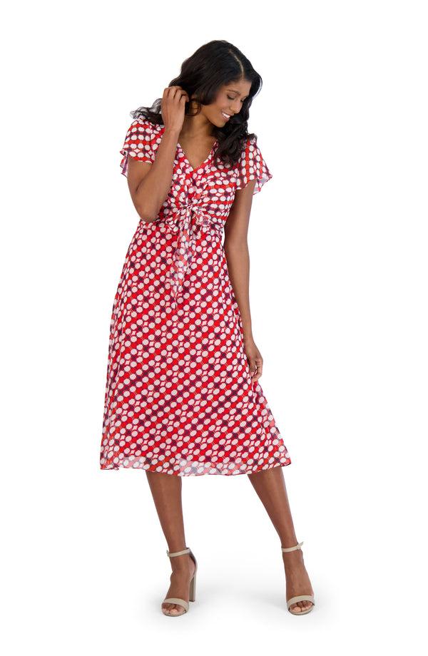 Julia Jordan DONNA RICCO - OVERLAY FRONT TIE MIDI DRESS RED MULTI