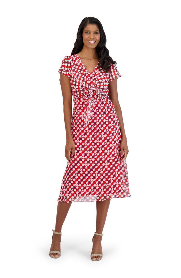 julia jordan DONNA RICCO - OVERLAY FRONT TIE MIDI DRESS RED MULTI