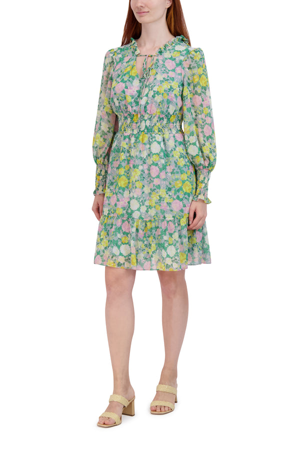 Julia Jordan DONNA RICCO - SHORT DRESS WITH SMOCKED WAIST GREY MULTI