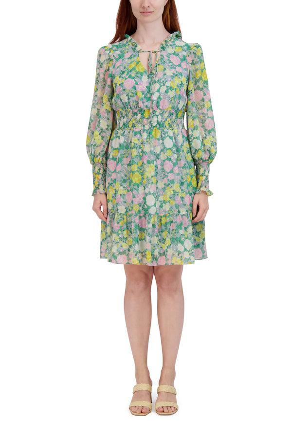 julia jordan DONNA RICCO - SHORT DRESS WITH SMOCKED WAIST GREY MULTI