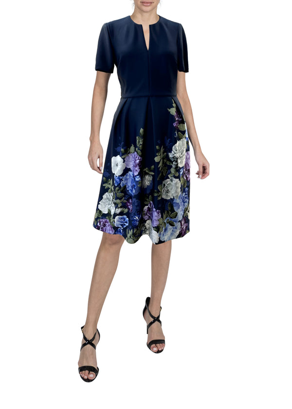 julia jordan DONNA RICCO - SHORT SLEEVE A-LINE PRINT DRESS NAVY MULTI
