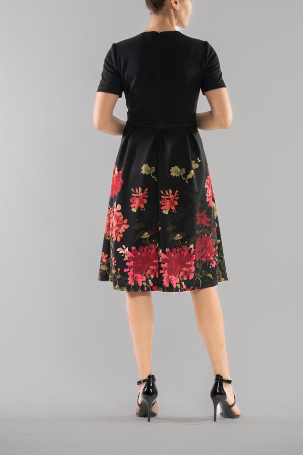 Julia Jordan DONNA RICCO - SHORT SLEEVE A-LINE PRINTED SCUBA DRESS BLACK MULTI