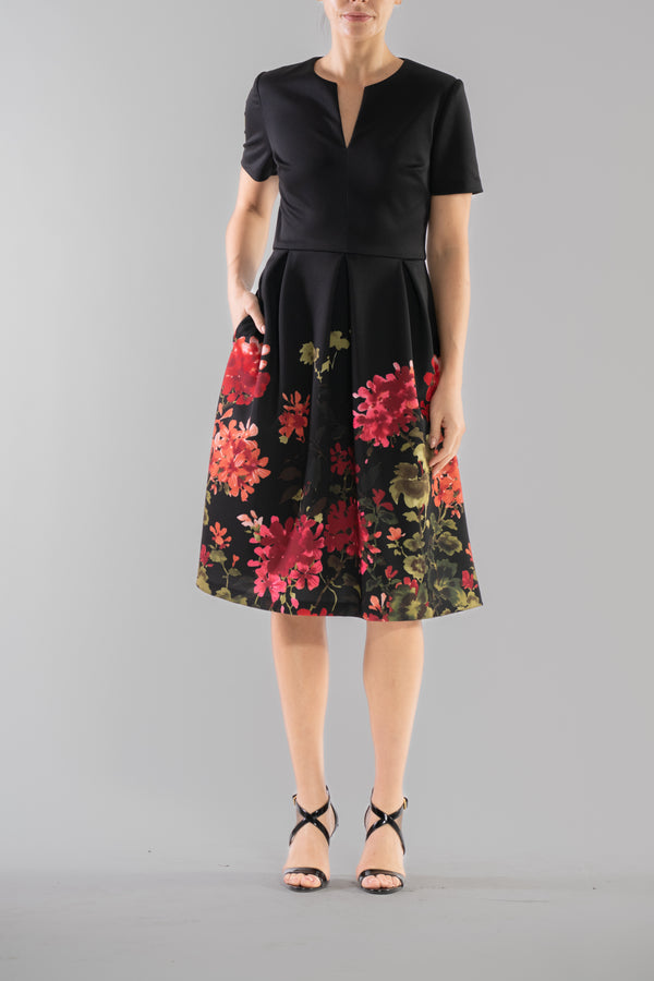 Julia Jordan DONNA RICCO - SHORT SLEEVE A-LINE PRINTED SCUBA DRESS BLACK MULTI