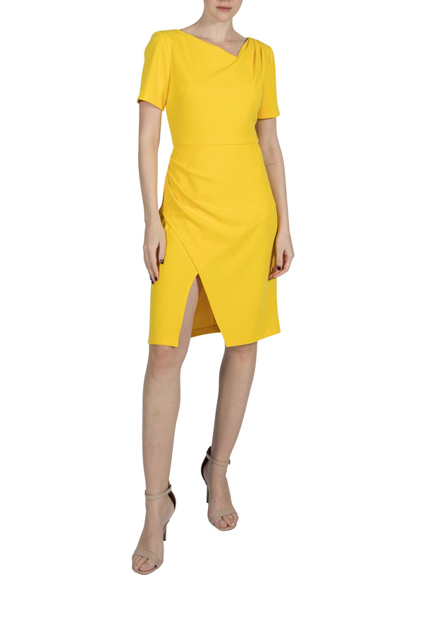 julia jordan DONNA RICCO - SHORT SLEEVE ASSYMETRICAL NECKLINE MIDI DRESS DANDELION