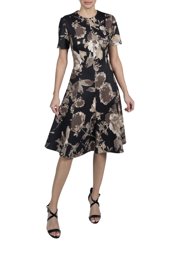 julia jordan DONNA RICCO - SHORT SLEEVED PRINTED SCUBA DRESS BLACK/BEIGE