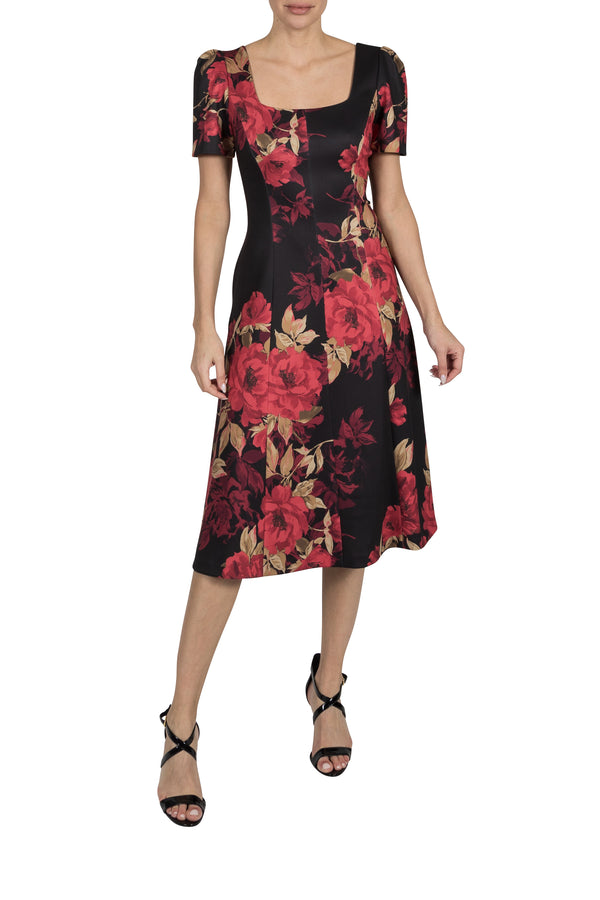 julia jordan DONNA RICCO - SHORT SLEEVED PRINTED SCUBA DRESS RED MULTI