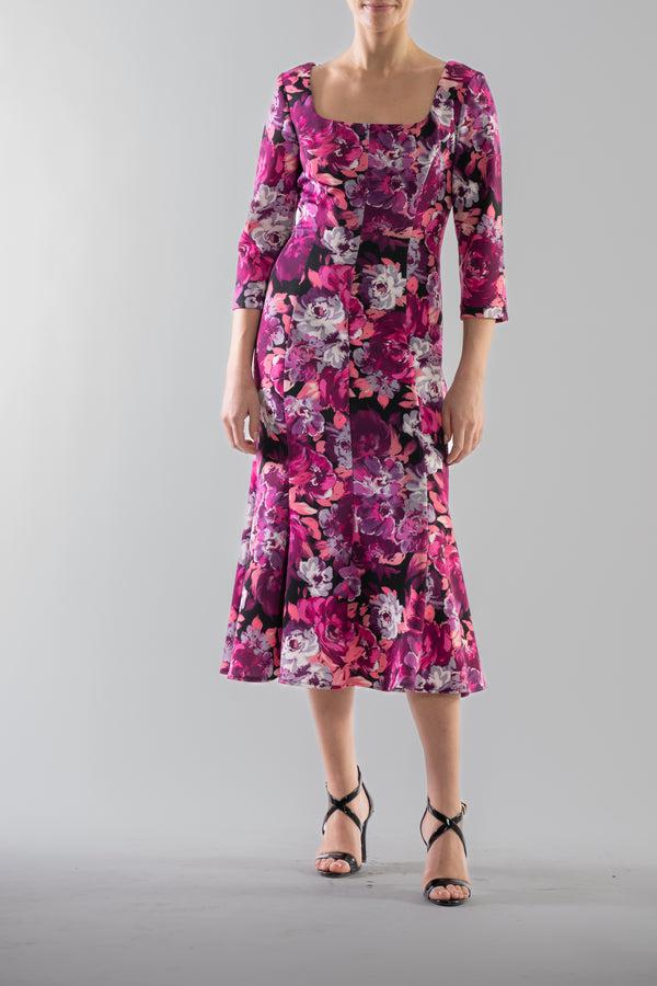 Julia Jordan DONNA RICCO - SLEEVE SQUARE NECK PANELED MIDI DRESS MAGENTA MULTI