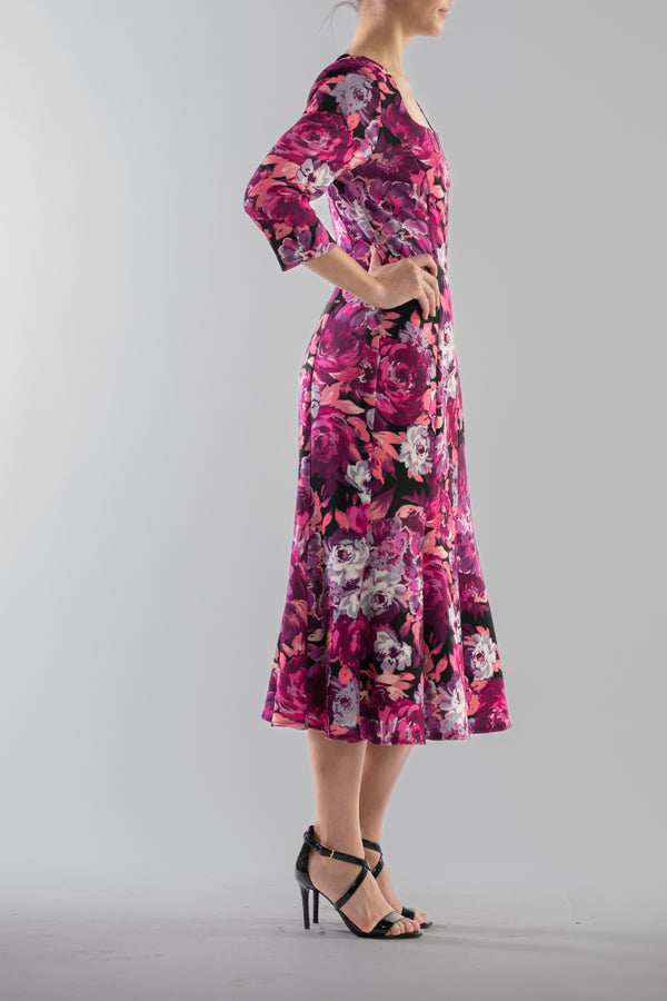 Julia Jordan DONNA RICCO - SLEEVE SQUARE NECK PANELED MIDI DRESS MAGENTA MULTI