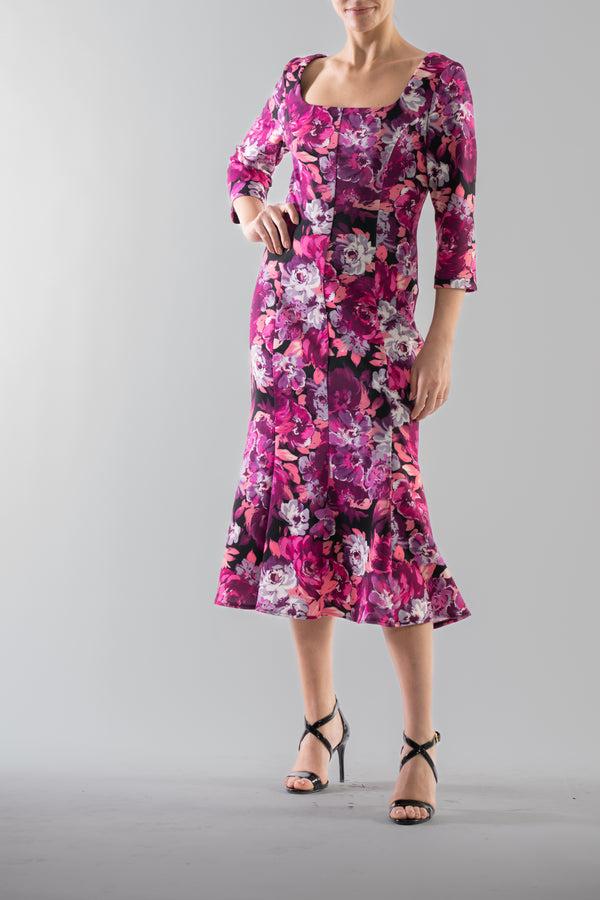 julia jordan DONNA RICCO - SLEEVE SQUARE NECK PANELED MIDI DRESS MAGENTA MULTI