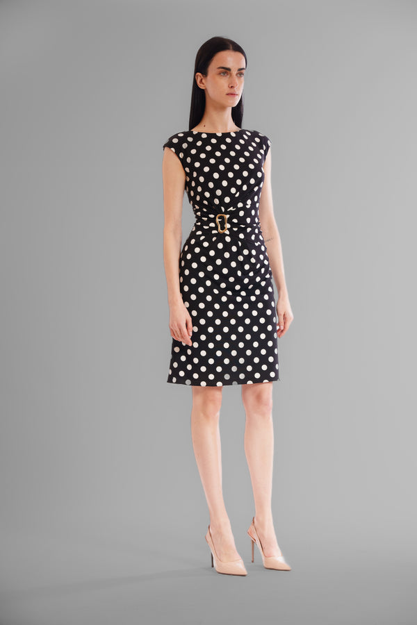 Julia Jordan DONNA RICCO - SLEEVELESS BOAT NECK MIDI DRES WITH WAIST HARDWARE BLACK WHITE