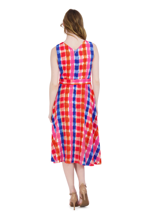 Julia Jordan DONNA RICCO - SLEEVELESS FIT AND FLARE DRESS WITH TIE WAIST COBALT/PINK
