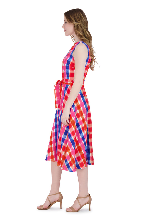 Julia Jordan DONNA RICCO - SLEEVELESS FIT AND FLARE DRESS WITH TIE WAIST COBALT/PINK