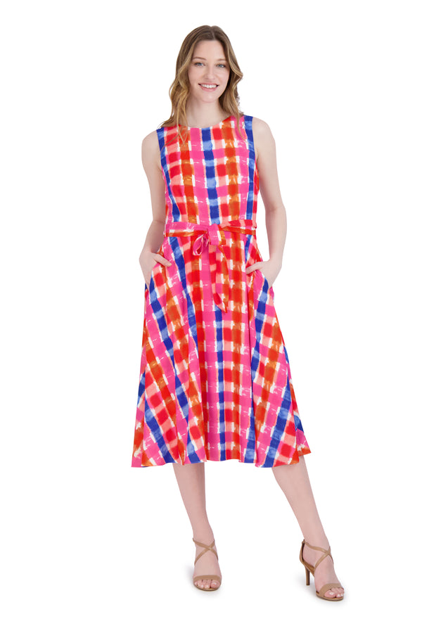 julia jordan DONNA RICCO - SLEEVELESS FIT AND FLARE DRESS WITH TIE WAIST COBALT/PINK