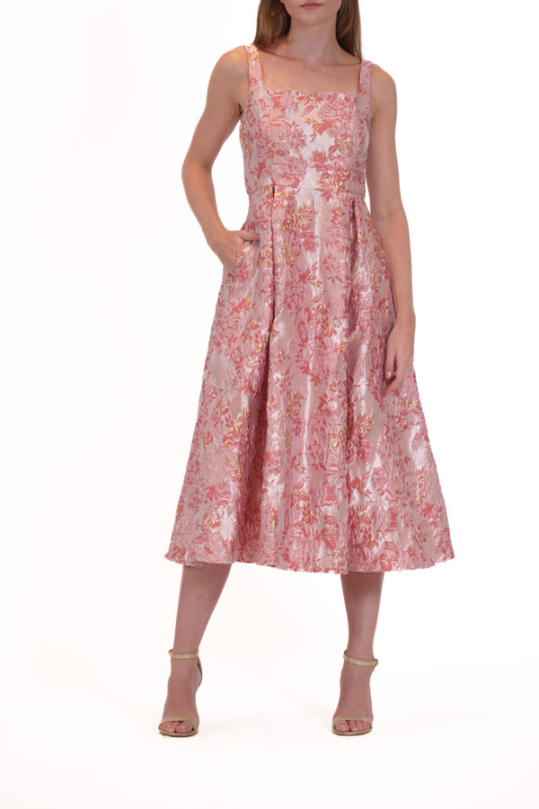 julia jordan DONNA RICCO - SLEEVELESS JACQUARD LONG CUT OUT MAXI DRESS PINK GOLD