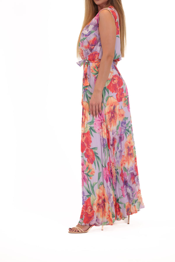 Julia Jordan DONNA RICCO - SLEEVELESS PLEATED MAXI DRESS WITH WAIST TIE LILAC MULTI