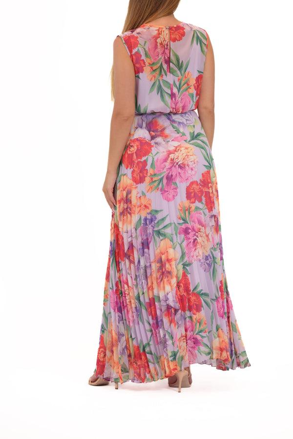 Julia Jordan DONNA RICCO - SLEEVELESS PLEATED MAXI DRESS WITH WAIST TIE LILAC MULTI
