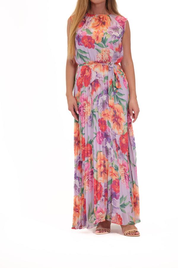 Julia Jordan DONNA RICCO - SLEEVELESS PLEATED MAXI DRESS WITH WAIST TIE LILAC MULTI