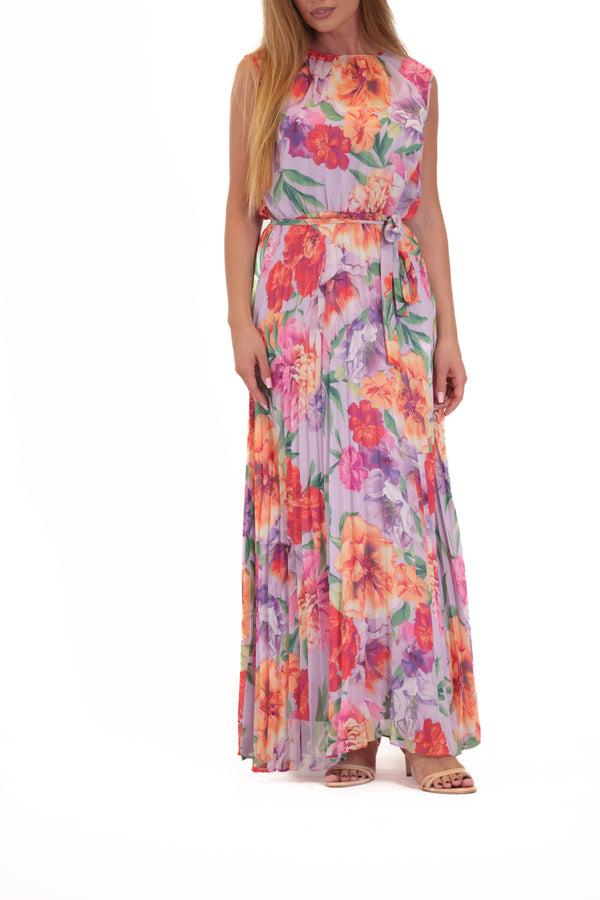 julia jordan DONNA RICCO - SLEEVELESS PLEATED MAXI DRESS WITH WAIST TIE LILAC MULTI