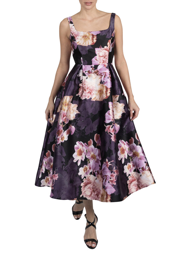 Julia Jordan DONNA RICCO - SLEEVELESS PRINTED MIKADO A-LINE MIDI DRESS BLACK MULTI