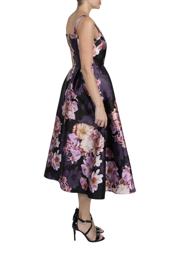 Julia Jordan DONNA RICCO - SLEEVELESS PRINTED MIKADO A-LINE MIDI DRESS BLACK MULTI