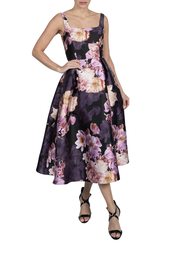 julia jordan DONNA RICCO - SLEEVELESS PRINTED MIKADO A-LINE MIDI DRESS BLACK MULTI