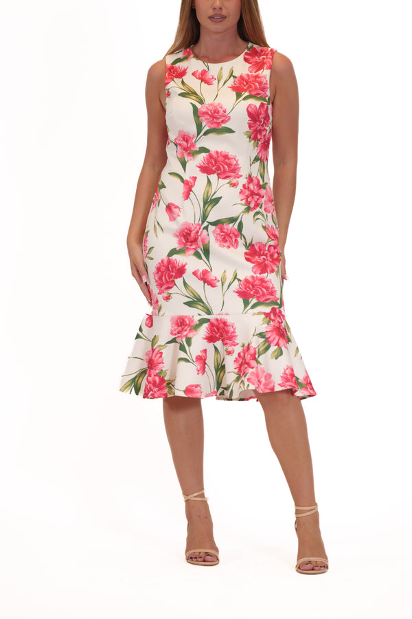 julia jordan DONNA RICCO - SLEEVELESS PRINTED SCUBA LONG CUT OUT MAXI DRESS IVORY MULTI