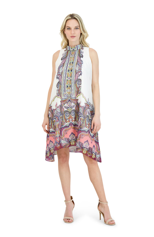 julia jordan DONNA RICCO - SLEEVELESS ROLL NECK DRESS IVORY/MULTI