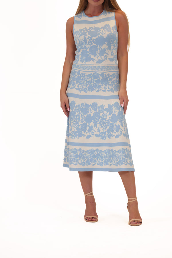 Julia Jordan DONNA RICCO - SLEEVELESS SCOOP NECK JACQAURD KNIT DRESS IVORY BLUE