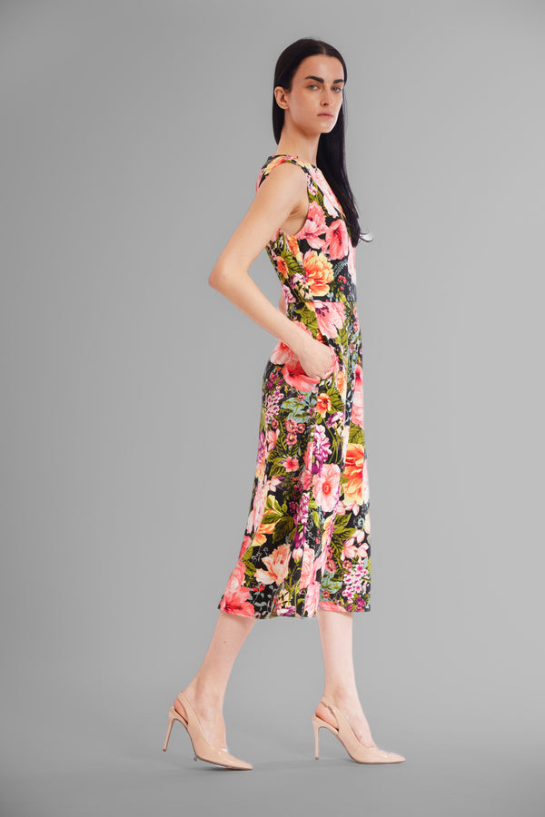 Julia Jordan DONNA RICCO - SLEEVELESS SCOOP NECK PRINTED MIDI DRESS BLACK MULTI