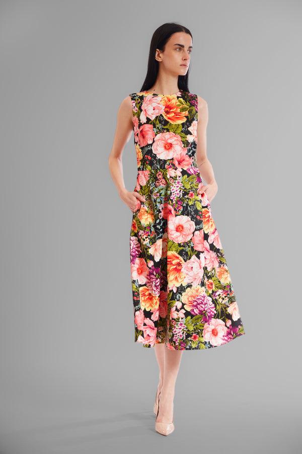 Julia Jordan DONNA RICCO - SLEEVELESS SCOOP NECK PRINTED MIDI DRESS BLACK MULTI