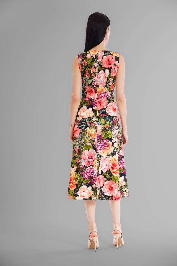 Julia Jordan DONNA RICCO - SLEEVELESS SCOOP NECK PRINTED MIDI DRESS BLACK MULTI