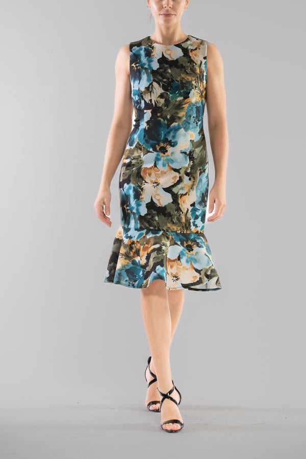 Julia Jordan DONNA RICCO - SLEEVELESS SCOOP NECK RUFFLE HEM DRESS BLUE GREEN