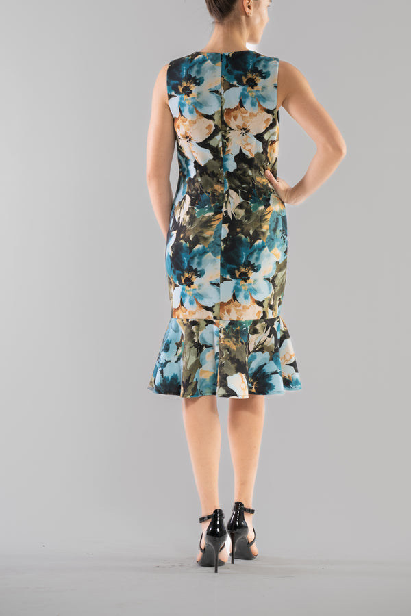 Julia Jordan DONNA RICCO - SLEEVELESS SCOOP NECK RUFFLE HEM DRESS BLUE GREEN