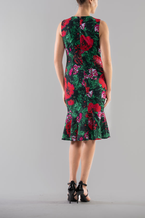 Julia Jordan DONNA RICCO - SLEEVELESS SCOOP NECK RUFFLE HEM DRESS RED GREEN