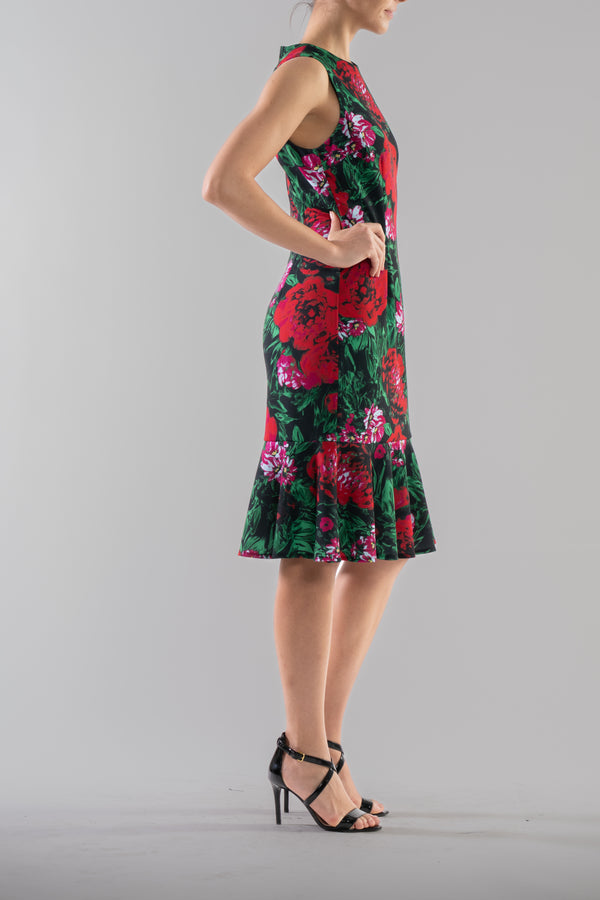 Julia Jordan DONNA RICCO - SLEEVELESS SCOOP NECK RUFFLE HEM DRESS RED GREEN